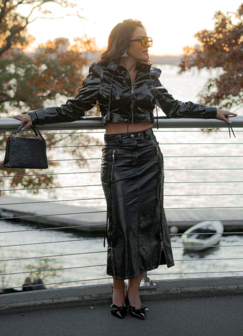 Black Faux Leather Jacket and Skirt Set