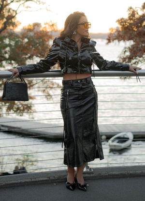 Black Faux Leather Jacket and Skirt Set