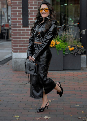 Black Faux Leather Jacket and Skirt Set