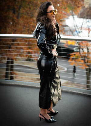 Black Faux Leather Jacket and Skirt Set