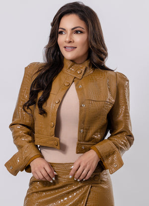 Faux Leather Jacket with Shoulder Pads