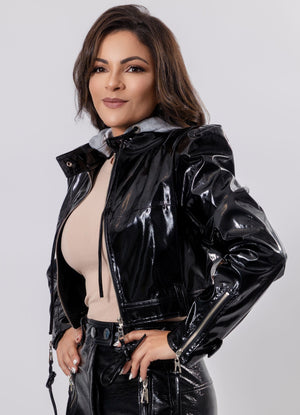 Faux Leather Jacket with Hood