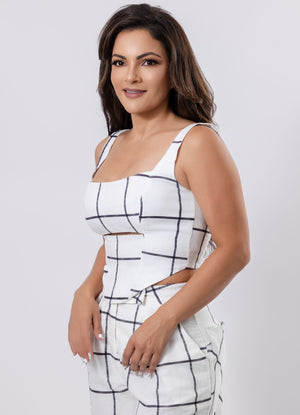 Plaid Cut-Out Linen Top