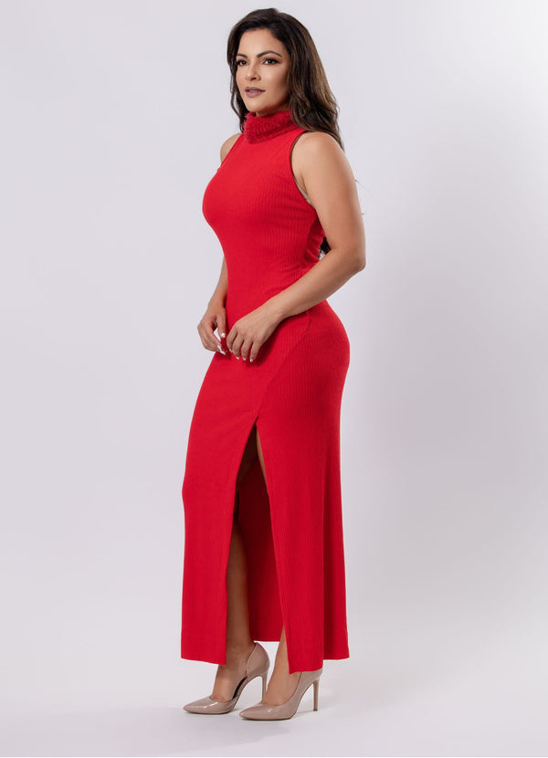 Ribbed Dress with Fuzzy High Neck