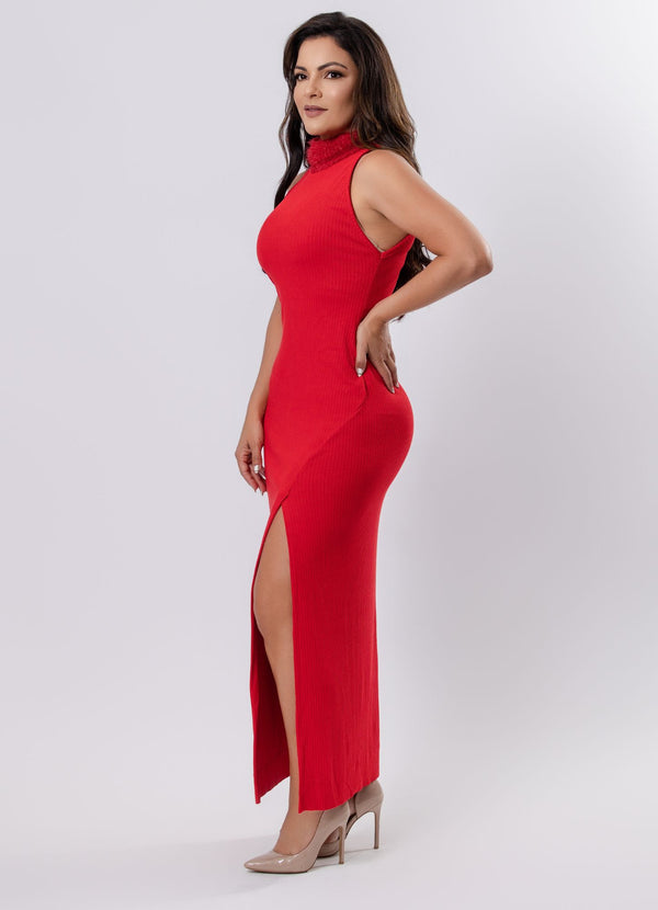 Ribbed Dress with Fuzzy High Neck