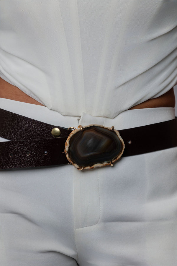 Leather Belt with Stone Buckle