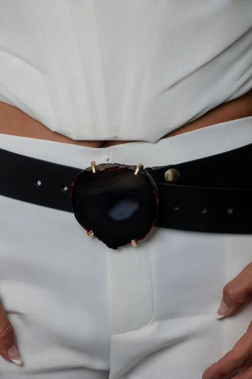 Leather Belt with Stone Buckle