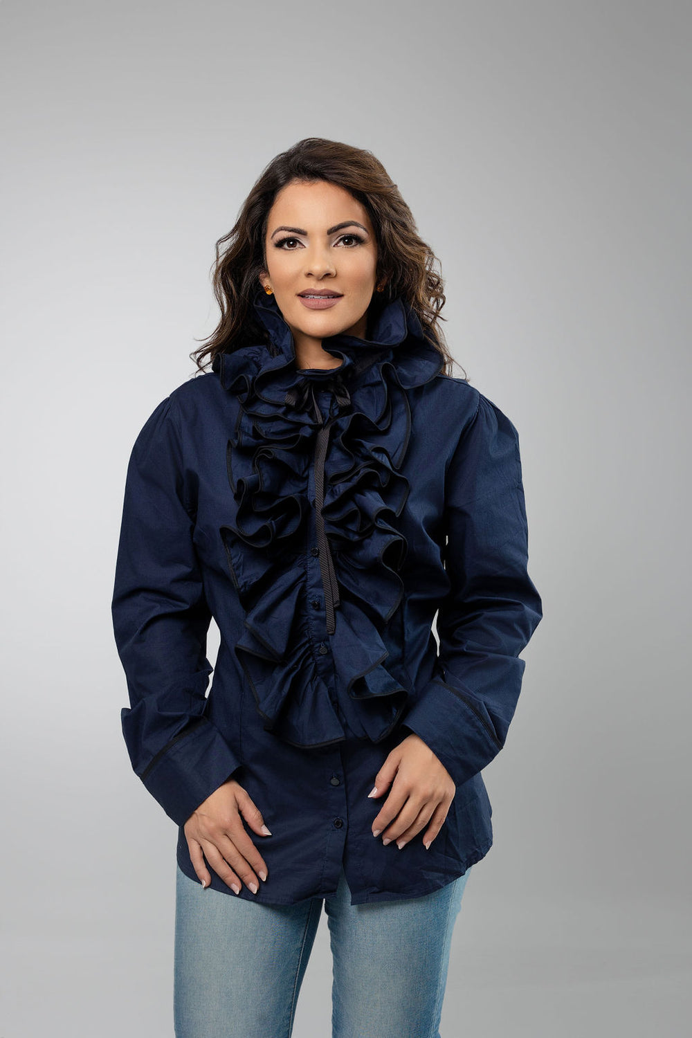 Long-Sleeve Ruffled Front Shirt