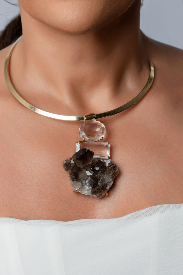 Open Hoop Necklace with Smoky Quartz Druzy