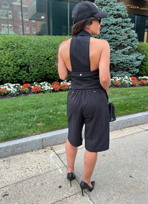 Black pinstripe tailored vest and shorts set