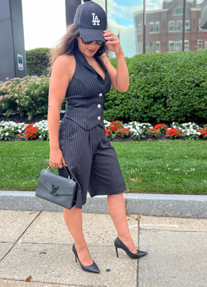 Black pinstripe tailored vest and shorts set