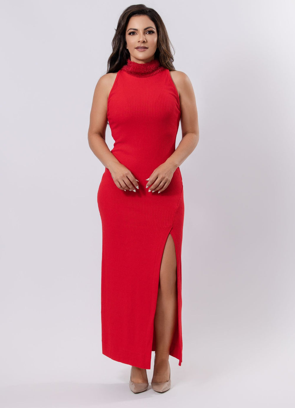 Ribbed Dress with Fuzzy High Neck