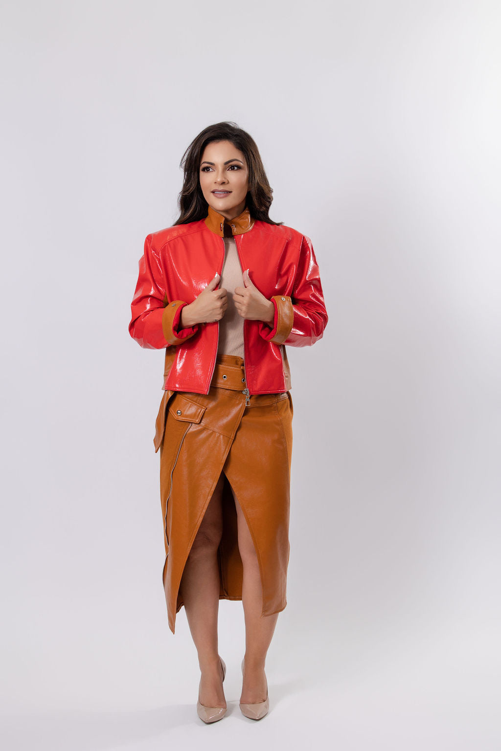 Open Jacket with Brown Leather Collar