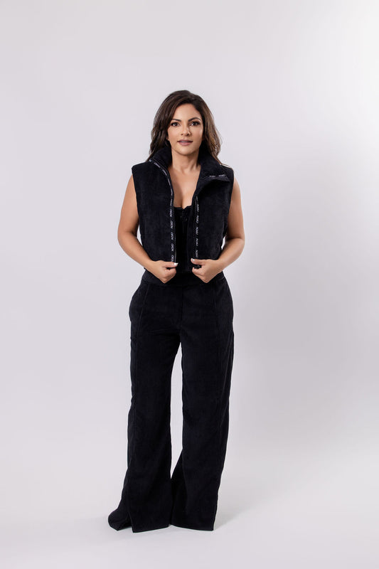 Ribbed Velvet Vest with Logo Detailing