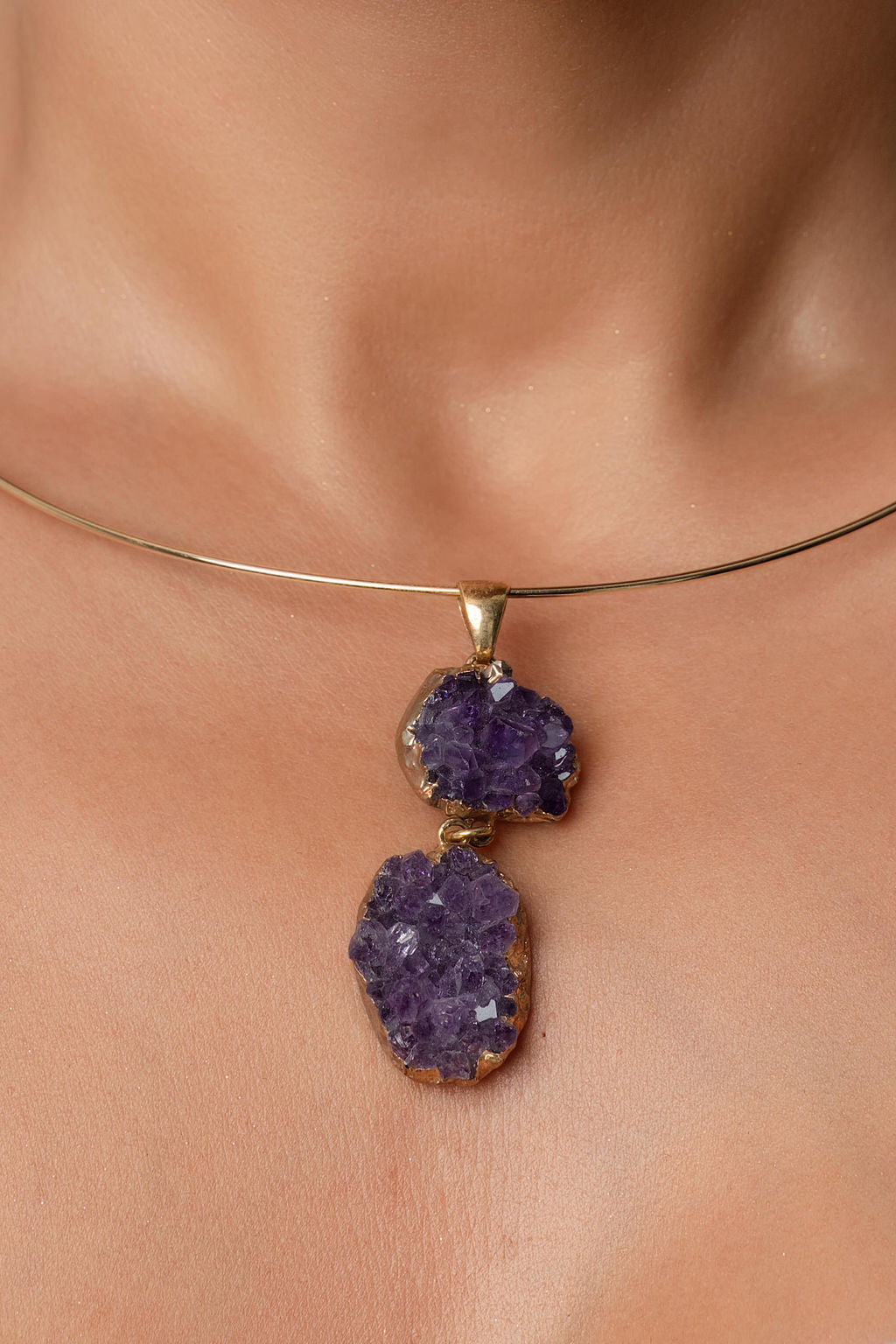 Thin Hoop Necklace with Amethyst Druzy