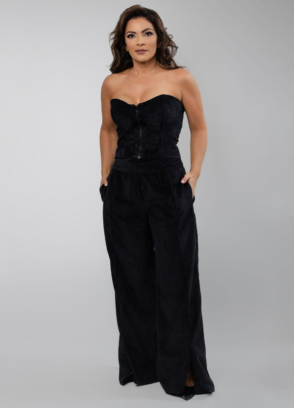 Ribbed Wide-Leg Pants with Panel Detailing