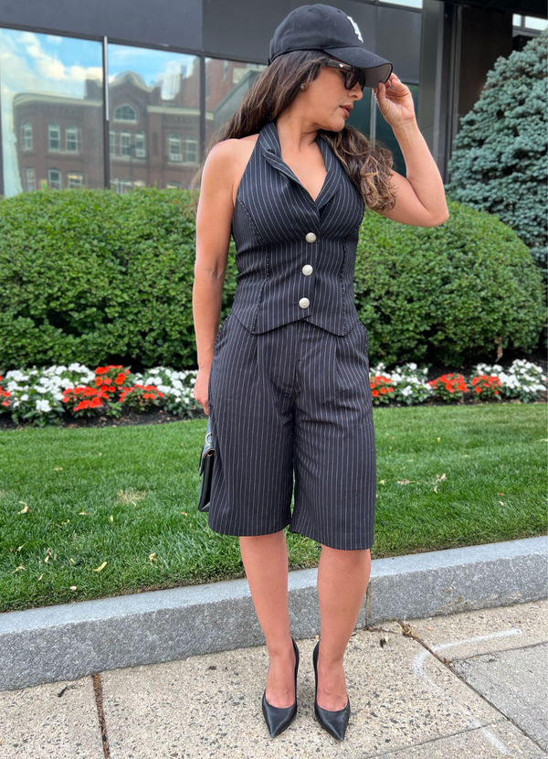 Black pinstripe tailored vest and shorts set
